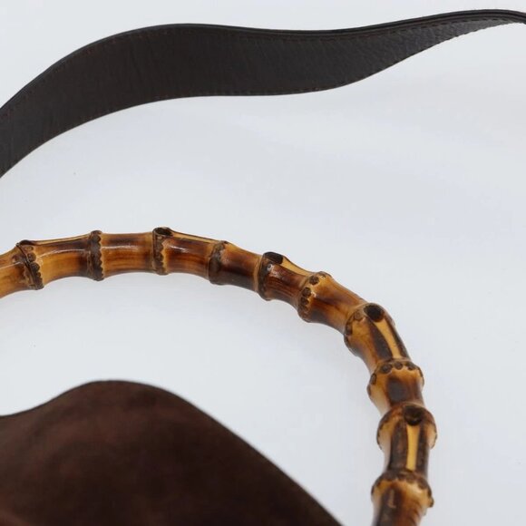 GUCCI Bamboo Shoulder Bag Suede 2way Dark Brown Gold Auth - Picture 10 of 16